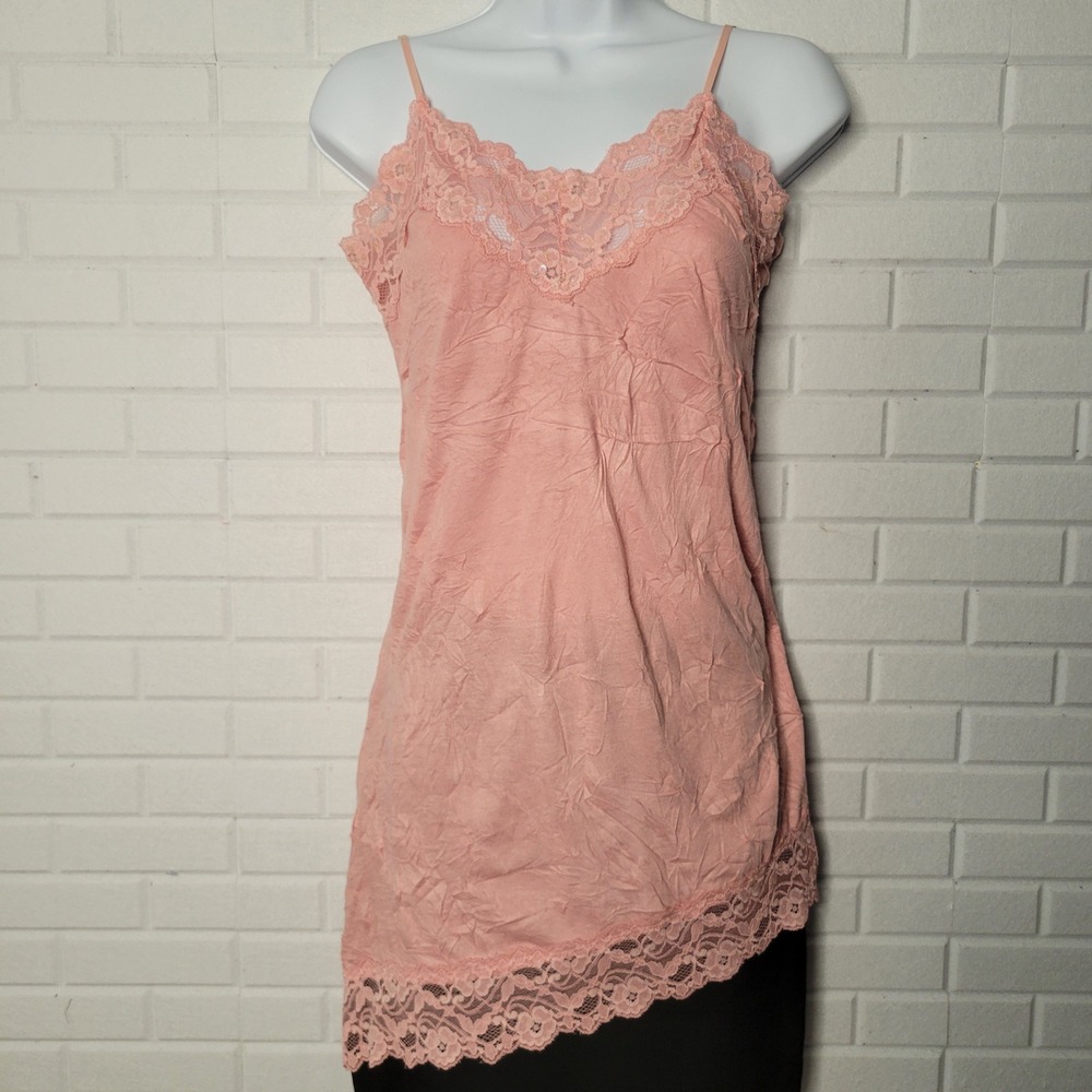 Vintage 2000s Guess Camisole Chemise S Pink Lace Trim Asymmetric Coquette - Picture 4 of 10